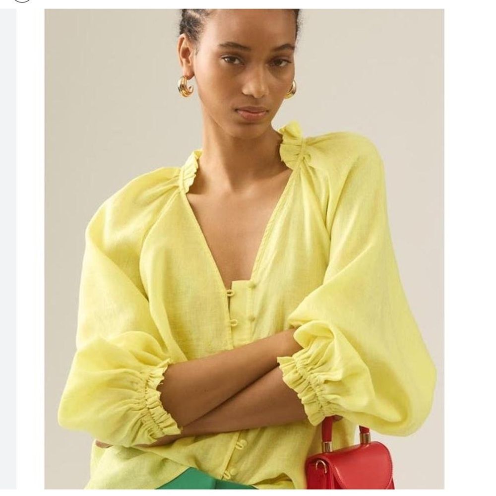 Maeve Linen Audie Top Buttercup Yellow Puff Sleeve Oversized Fit